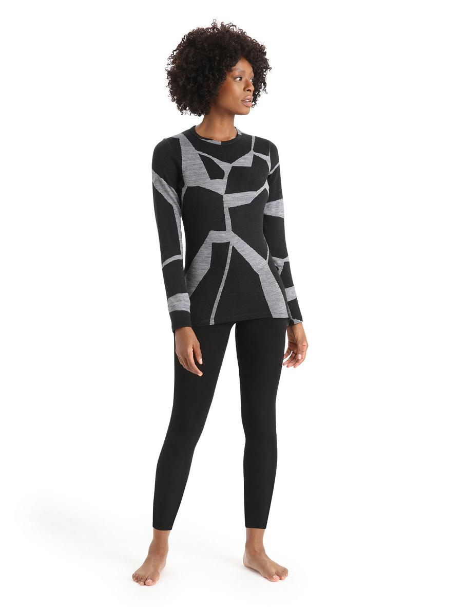 Women's Icebreaker Merino 250 Vertex Long Sleeve Crewe Thermal Top Fractured Landscapes Base Layers Black / Jet Heather | CA 1073OKIR